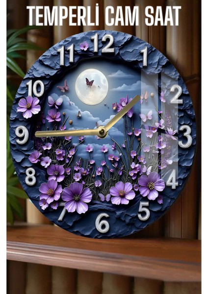 Mor Çiçekler ve Ay Temalı Dayanıklı, Modern Dekor! 3D Görünümlü Temperli Cam Saat – 33 cm CSDW281