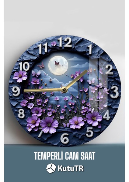 Mor Çiçekler ve Ay Temalı Dayanıklı, Modern Dekor! 3D Görünümlü Temperli Cam Saat – 33 cm CSDW281 fiyatları
