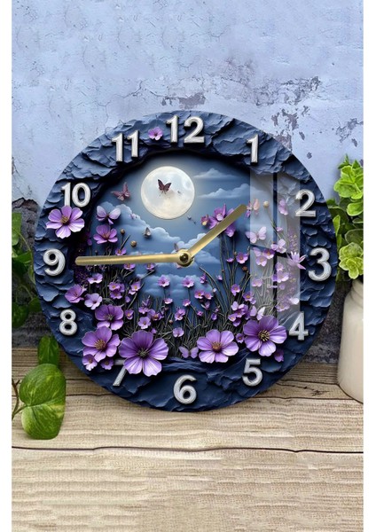 Mor Çiçekler ve Ay Temalı Dayanıklı, Modern Dekor! 3D Görünümlü Temperli Cam Saat – 33 cm CSDW281 modelleri
