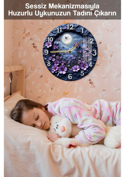 Mor Çiçekler ve Ay Temalı Dayanıklı, Modern Dekor! 3D Görünümlü Temperli Cam Saat – 33 cm CSDW281 fırsatları