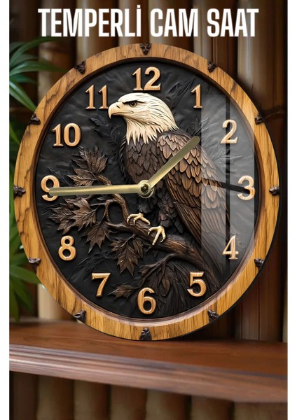 Kartal Detaylı Tasarım 3D Görünümlü Temperli Cam Saat – 33 cm CSDW024