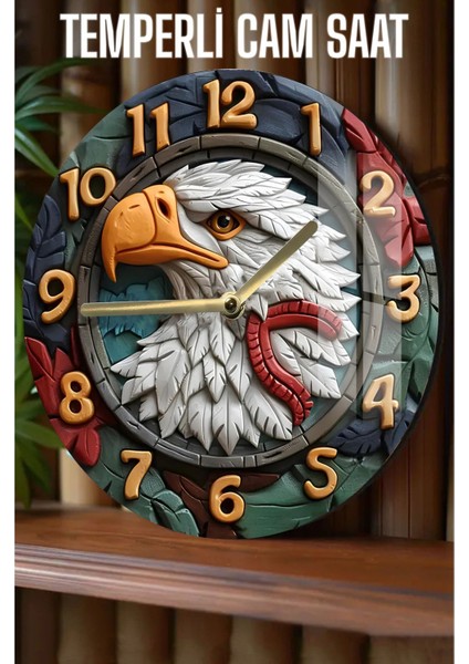 Kartal Gibi Göz Açtırmayan Tasarım! 3D Görünümlü Temperli Cam Saat – 33 cm CSDW013