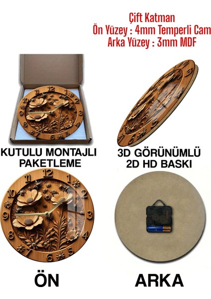 Ahşap Görünümlü Çiçek Desenli 3D Görünümlü Temperli Cam Saat – 33 cm CSDW124 indirimleri