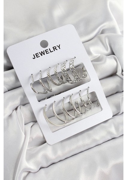 Bfs Pirinç Karışık Halka Model Gümüş Renk 6 Çift Kadın Küpe Set