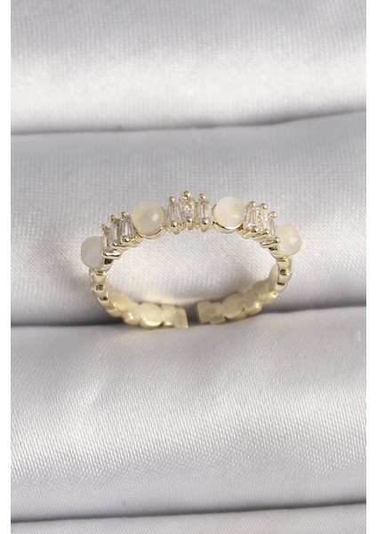 Bfs Pirinç Gold Renk Zirkon Taşlı Beyaz Mineli Ayarlanabilir Yüzük