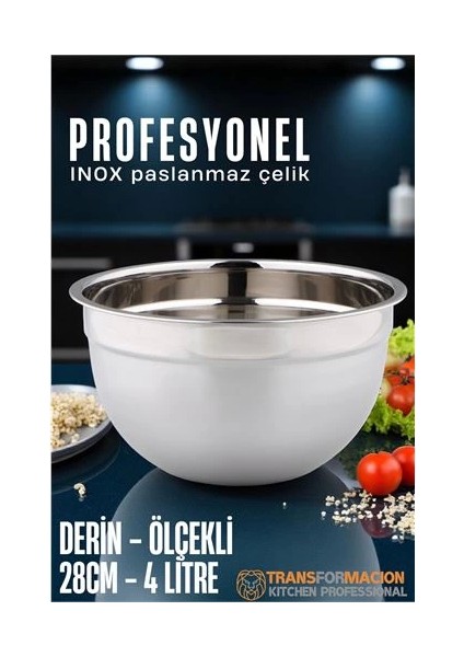 Bfs Inox Ölçekli Derin Kase - 28 cm 4 Litre Karıştırma Kabı Profesyonel 304 Paslanmaz Çelik