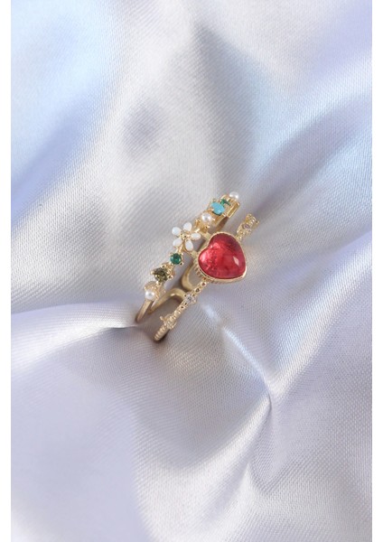 Bfs Gold Renk Kırmızı Zirkon Taş Kalp Model Pirinç Kadın Yüzük