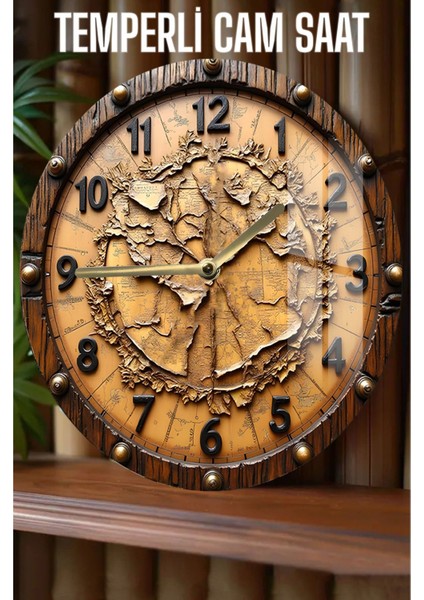 Antik Dünya Haritası Tasarımlı 3D Görünümlü Temperli Cam Saat – 33 cm CSDW135