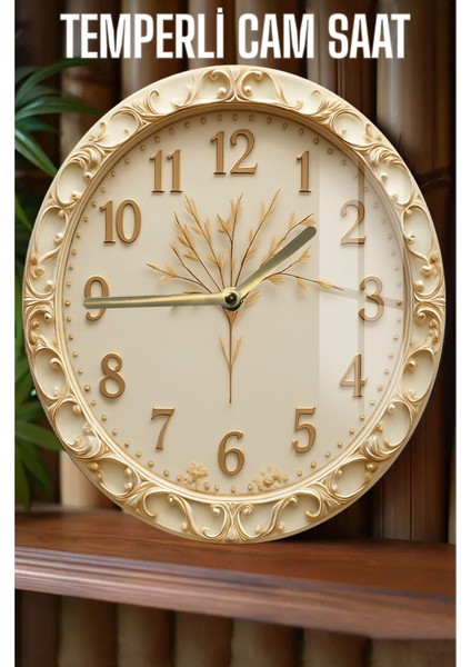 Krem Altın Motifli 3D Görünümlü Temperli Cam Saat – 33 cm CSDW176
