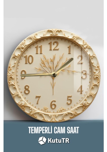 Krem Altın Motifli 3D Görünümlü Temperli Cam Saat – 33 cm CSDW176 fiyatları