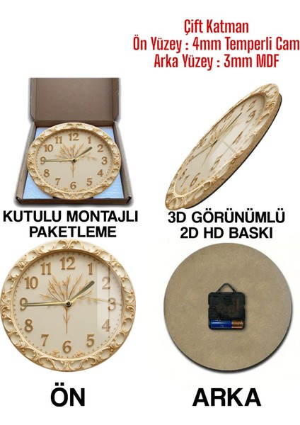 Krem Altın Motifli 3D Görünümlü Temperli Cam Saat – 33 cm CSDW176 indirimleri
