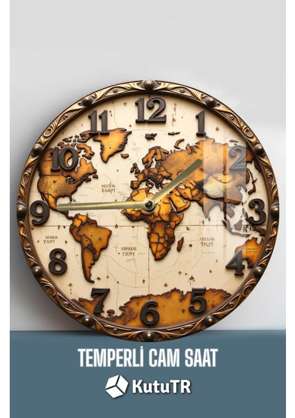 Vintage Dünya Haritası Temalı Tasarım 3D Görünümlü Temperli Cam Saat – 33 cm CSDW132 fiyatları