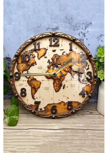 Vintage Dünya Haritası Temalı Tasarım 3D Görünümlü Temperli Cam Saat – 33 cm CSDW132 modelleri