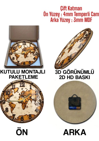 Vintage Dünya Haritası Temalı Tasarım 3D Görünümlü Temperli Cam Saat – 33 cm CSDW132 indirimleri