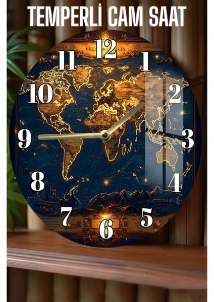 Gece Işıltılı Dünya Haritası 3D Görünümlü Temperli Cam Saat – 33 cm CSDW122