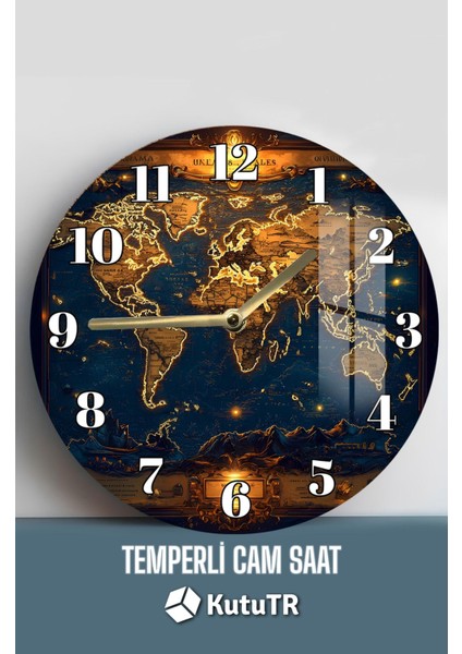 Gece Işıltılı Dünya Haritası 3D Görünümlü Temperli Cam Saat – 33 cm CSDW122 fiyatları