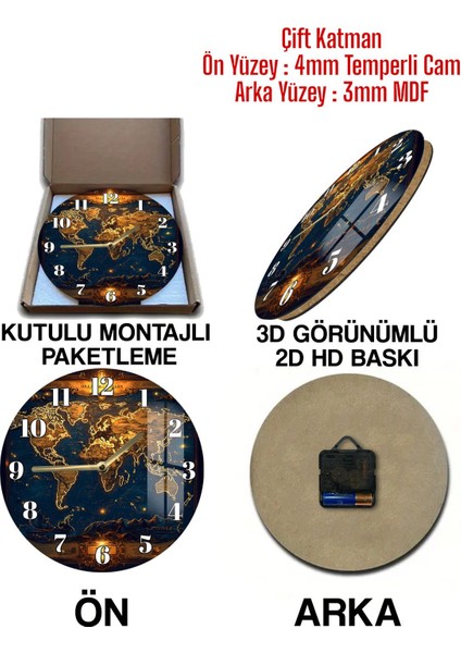 Gece Işıltılı Dünya Haritası 3D Görünümlü Temperli Cam Saat – 33 cm CSDW122 indirimleri
