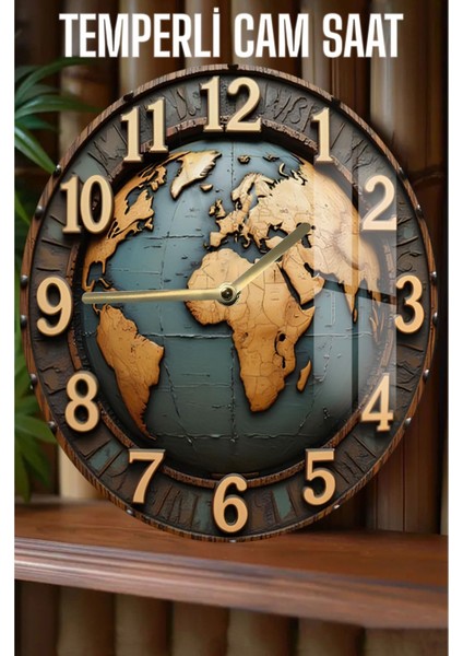 Dünya Haritası Tasarımlı 3D Görünümlü Temperli Cam Saat – 33 cm CSDW120