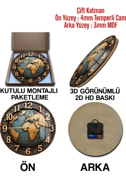 Dünya Haritası Tasarımlı 3D Görünümlü Temperli Cam Saat – 33 cm CSDW120 indirimleri