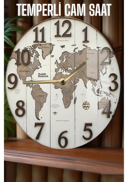 Vintage Dünya Haritası Tasarımlı 3D Görünümlü Temperli Cam Saat – 33 cm CSDW125