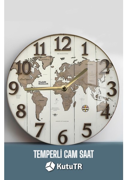 Vintage Dünya Haritası Tasarımlı 3D Görünümlü Temperli Cam Saat – 33 cm CSDW125 fiyatları