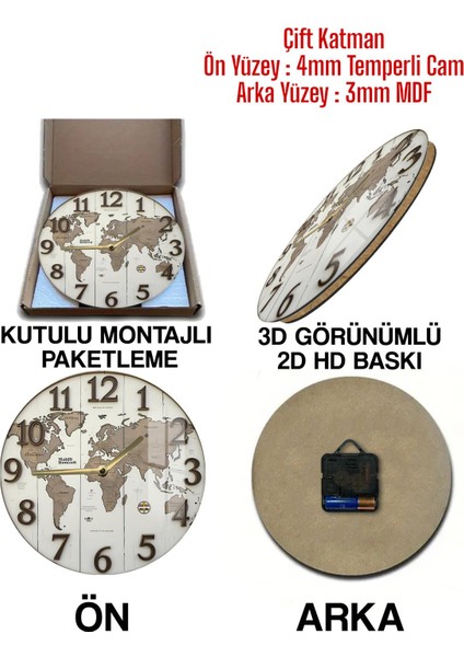Vintage Dünya Haritası Tasarımlı 3D Görünümlü Temperli Cam Saat – 33 cm CSDW125 indirimleri