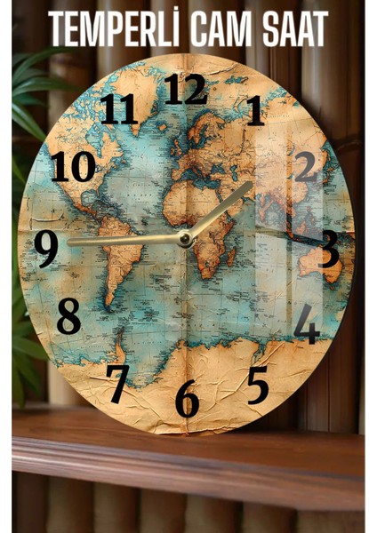 Vintage Dünya Haritası Tasarımlı 3D Görünümlü Temperli Cam Saat – 33 cm CSDW121