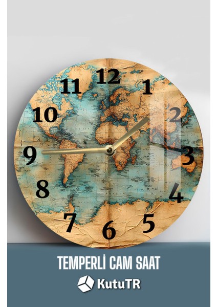 Vintage Dünya Haritası Tasarımlı 3D Görünümlü Temperli Cam Saat – 33 cm CSDW121 fiyatları