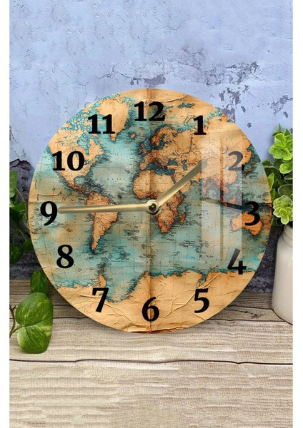 Vintage Dünya Haritası Tasarımlı 3D Görünümlü Temperli Cam Saat – 33 cm CSDW121 modelleri