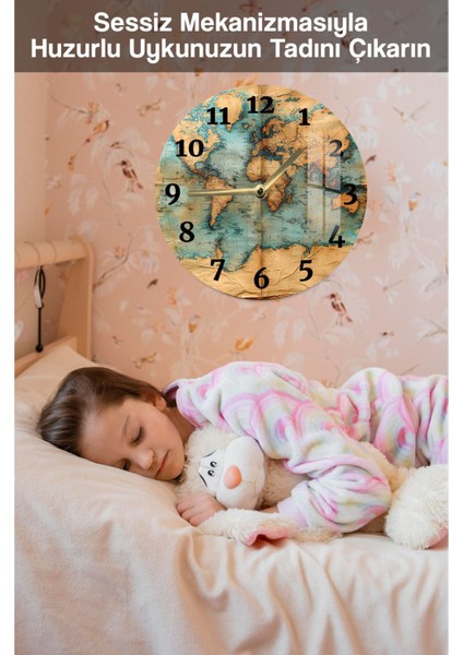 Vintage Dünya Haritası Tasarımlı 3D Görünümlü Temperli Cam Saat – 33 cm CSDW121 fırsatları