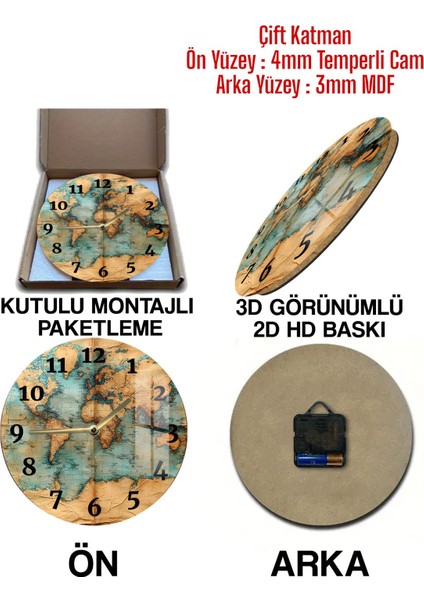 Vintage Dünya Haritası Tasarımlı 3D Görünümlü Temperli Cam Saat – 33 cm CSDW121 indirimleri