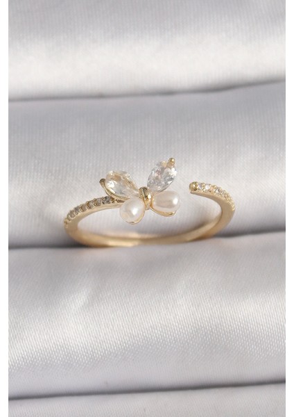 Bfs Pirinç Gold Renk Zirkon Taşlı Kelebek Mode Inci Detay Ayarlanabilir Yüzük