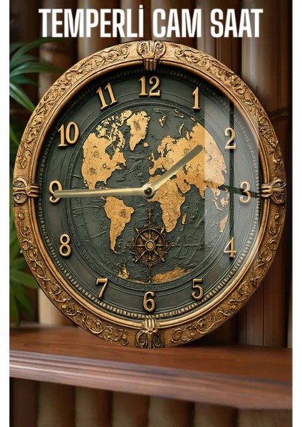 Dünya Haritası ve Pusula Desenli 3D Görünümlü Temperli Cam Saat – 33 cm CSDW168