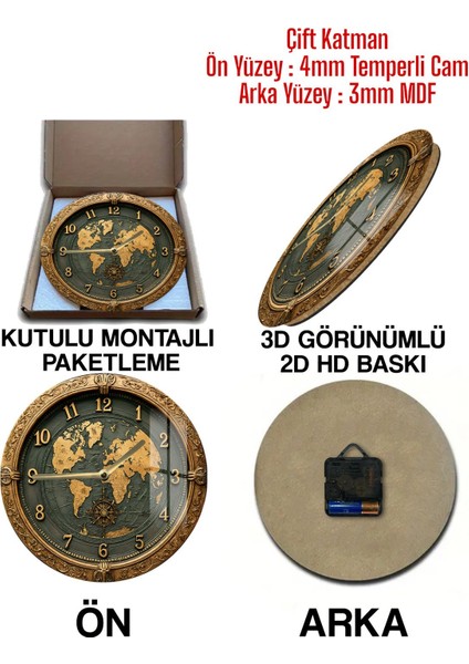 Dünya Haritası ve Pusula Desenli 3D Görünümlü Temperli Cam Saat – 33 cm CSDW168 indirimleri