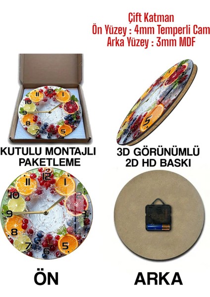Renkli Meyveler Desenli 3D Görünümlü Temperli Cam Saat – 33 cm CSDW349 fırsatları