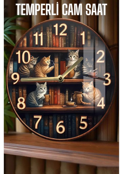 Kütüphane Temalı Sevimli Kedi Desenli 3D Görünümlü Temperli Cam Saat – 33 cm CSDW018