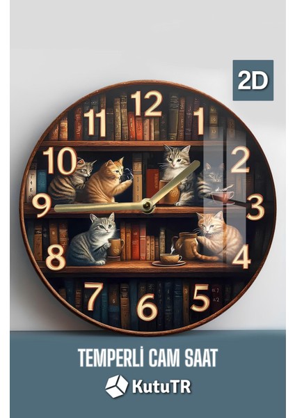 Kütüphane Temalı Sevimli Kedi Desenli 3D Görünümlü Temperli Cam Saat – 33 cm CSDW018 fiyatları