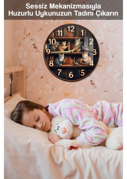 Kütüphane Temalı Sevimli Kedi Desenli 3D Görünümlü Temperli Cam Saat – 33 cm CSDW018 fırsatları
