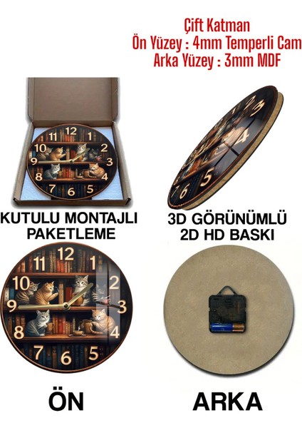Kütüphane Temalı Sevimli Kedi Desenli 3D Görünümlü Temperli Cam Saat – 33 cm CSDW018 indirimleri