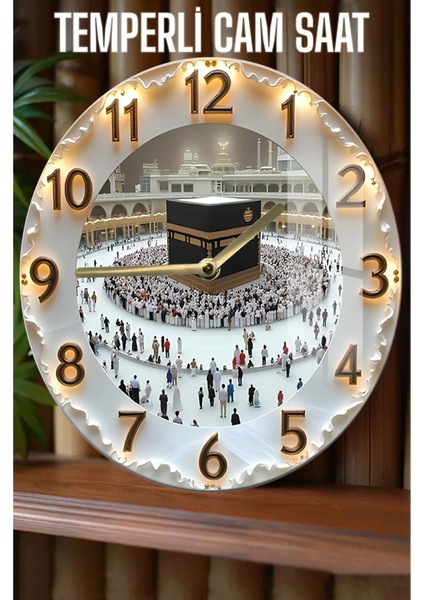 Kabe'nin Huzurunu Evinize Taşıyan 3D Görünümlü Temperli Cam Saat – 33 cm CSDW092