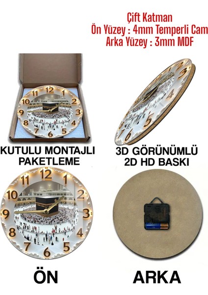 Kabe'nin Huzurunu Evinize Taşıyan 3D Görünümlü Temperli Cam Saat – 33 cm CSDW092 indirimleri