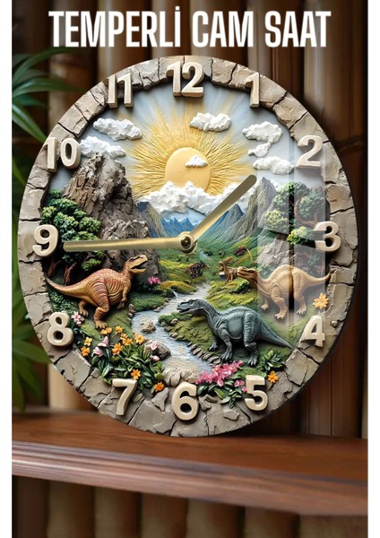 Dinozor Temalı Şık Tasarım 3D Görünümlü Temperli Cam Saat – 33 cm CSDW027