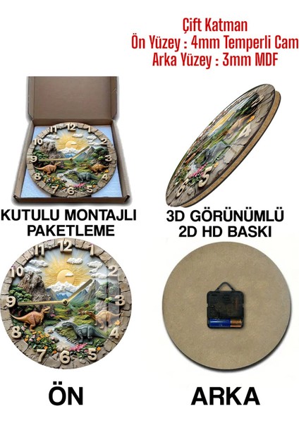 Dinozor Temalı Şık Tasarım 3D Görünümlü Temperli Cam Saat – 33 cm CSDW027 indirimleri