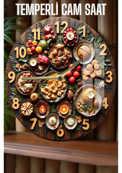 Gurme Sofra Temalı Tasarım 3D Görünümlü Temperli Cam Saat – 33 cm CSDW133