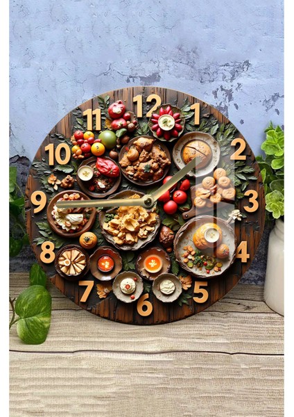 Gurme Sofra Temalı Tasarım 3D Görünümlü Temperli Cam Saat – 33 cm CSDW133 modelleri