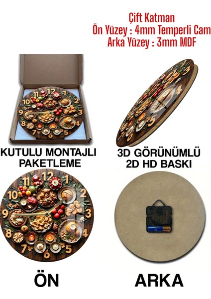 Gurme Sofra Temalı Tasarım 3D Görünümlü Temperli Cam Saat – 33 cm CSDW133 indirimleri