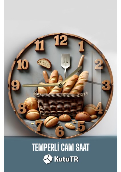 Ekmek Temalı Temperli Cam Duvar Saati – 33X33 cm CSDW347