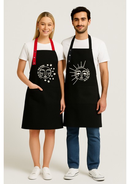 Kumaş Mutfak Önlüğü Seti 2'li Leke Tutmaz Su Itici %65 Pamuk %35 Polyester Sun & Moon Ay-Güneş Önlük