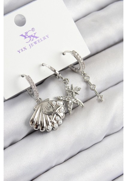 Bfs Pirinç Zirkon Taşlı 3'lü Yıldız ve Istiridye Model Gümüş Renk Kadın Küpe