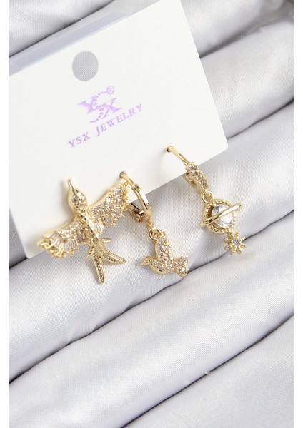 Bfs Pirinç Zirkon Taşlı 3'lü Kuş Model Gold Renk Kadın Küpe